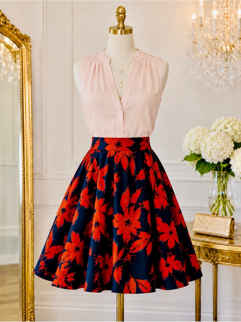 Lucy Paris Navy Orange Floral Skater Skirt Structured Fit Flare Pleated Pockets